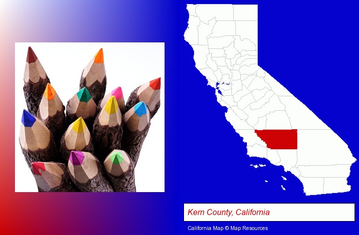 colored pencils; Kern County, California highlighted in red on a map
