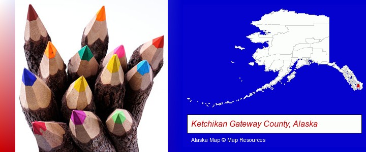 colored pencils; Ketchikan Gateway County, Alaska highlighted in red on a map