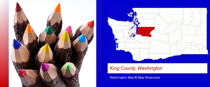 colored pencils; King County, Washington highlighted in red on a map
