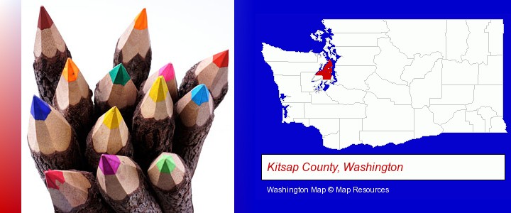 colored pencils; Kitsap County, Washington highlighted in red on a map