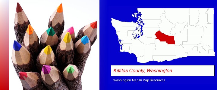 colored pencils; Kittitas County, Washington highlighted in red on a map