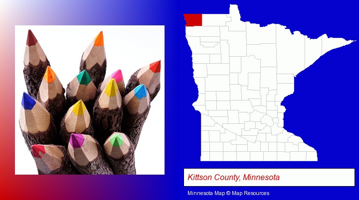 colored pencils; Kittson County, Minnesota highlighted in red on a map