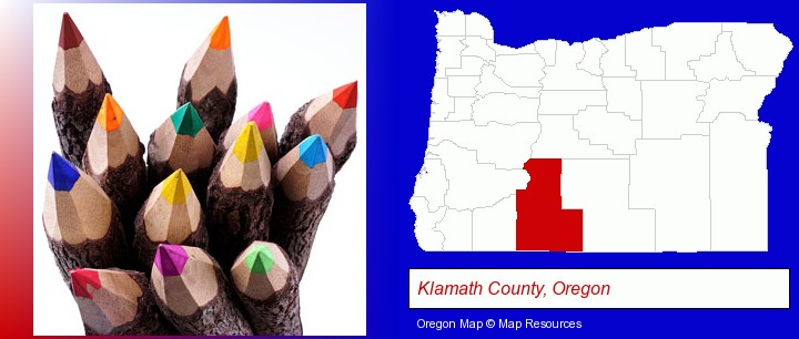 colored pencils; Klamath County, Oregon highlighted in red on a map