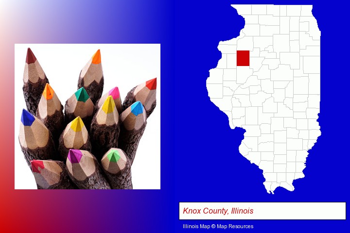 colored pencils; Knox County, Illinois highlighted in red on a map