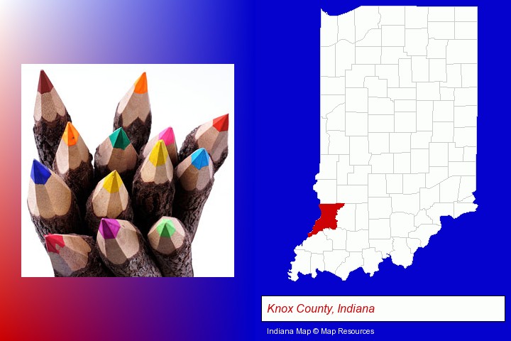 colored pencils; Knox County, Indiana highlighted in red on a map