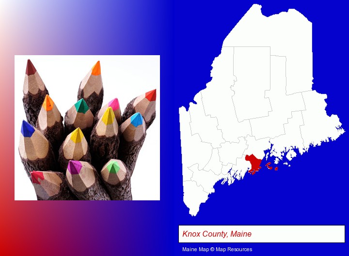 colored pencils; Knox County, Maine highlighted in red on a map