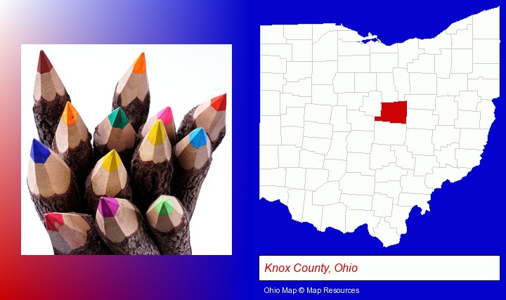 colored pencils; Knox County, Ohio highlighted in red on a map