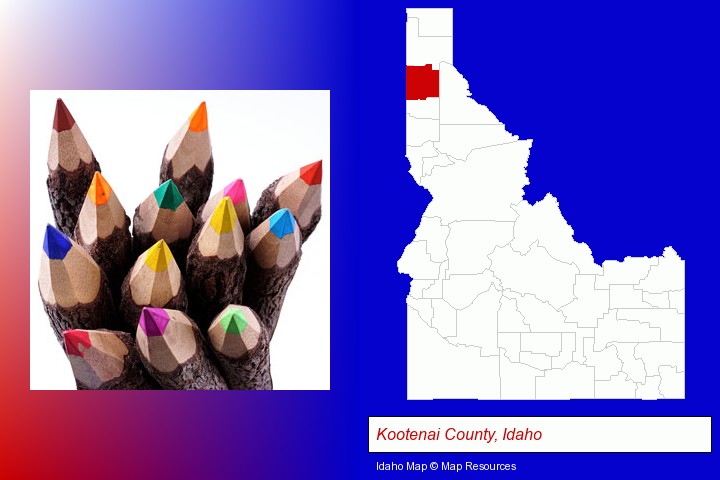 colored pencils; Kootenai County, Idaho highlighted in red on a map