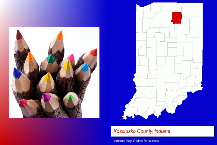colored pencils; Kosciusko County, Indiana highlighted in red on a map