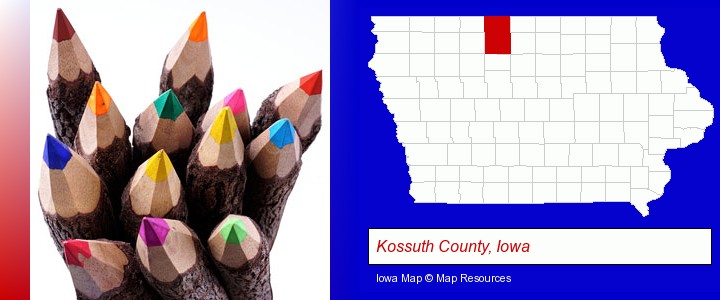 colored pencils; Kossuth County, Iowa highlighted in red on a map