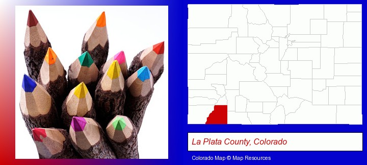 colored pencils; La Plata County, Colorado highlighted in red on a map