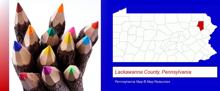 colored pencils; Lackawanna County, Pennsylvania highlighted in red on a map