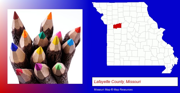 colored pencils; Lafayette County, Missouri highlighted in red on a map