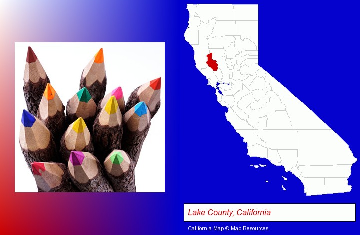 colored pencils; Lake County, California highlighted in red on a map