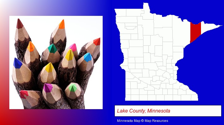 colored pencils; Lake County, Minnesota highlighted in red on a map