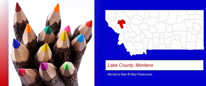 colored pencils; Lake County, Montana highlighted in red on a map