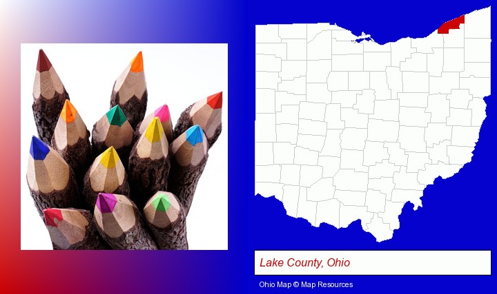colored pencils; Lake County, Ohio highlighted in red on a map