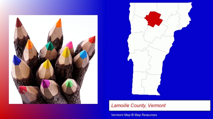 colored pencils; Lamoille County, Vermont highlighted in red on a map