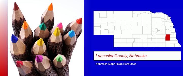 colored pencils; Lancaster County, Nebraska highlighted in red on a map