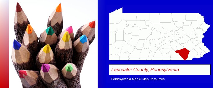 colored pencils; Lancaster County, Pennsylvania highlighted in red on a map