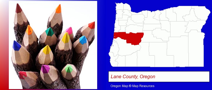 colored pencils; Lane County, Oregon highlighted in red on a map