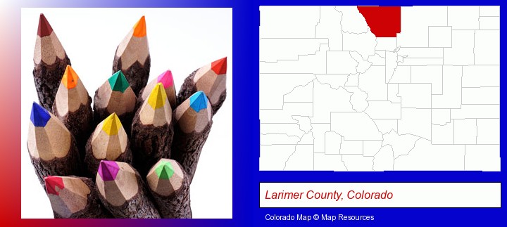 colored pencils; Larimer County, Colorado highlighted in red on a map
