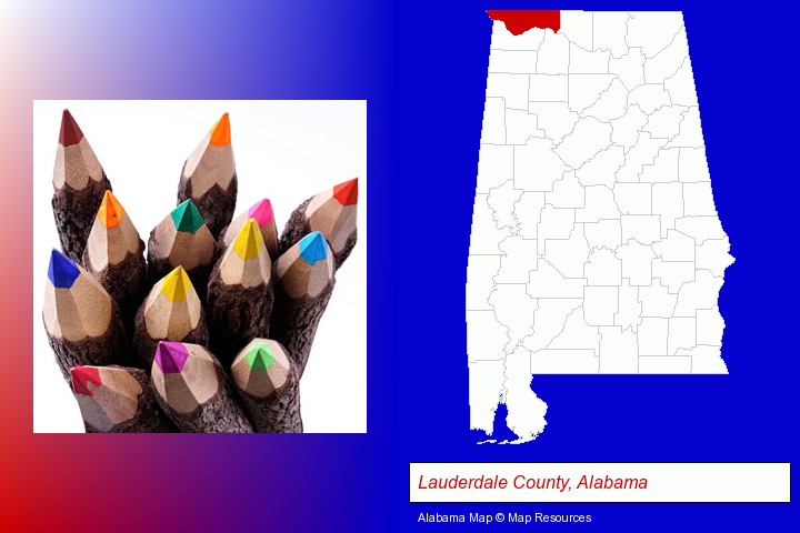 colored pencils; Lauderdale County, Alabama highlighted in red on a map
