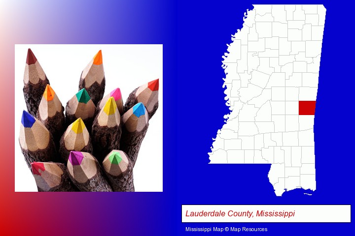 colored pencils; Lauderdale County, Mississippi highlighted in red on a map