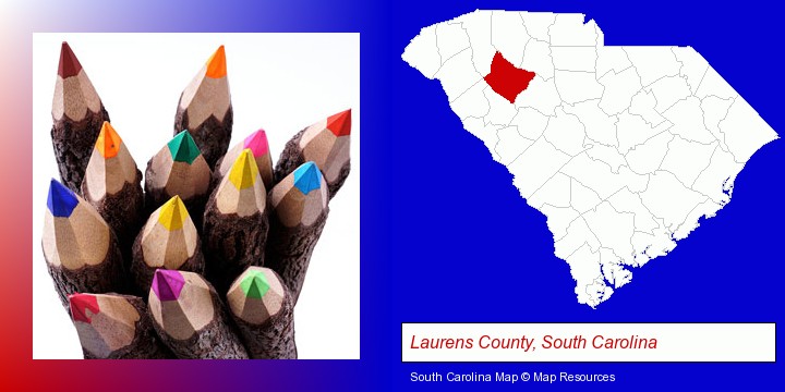 colored pencils; Laurens County, South Carolina highlighted in red on a map