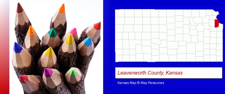 colored pencils; Leavenworth County, Kansas highlighted in red on a map