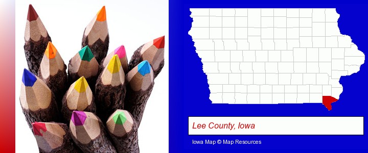 colored pencils; Lee County, Iowa highlighted in red on a map