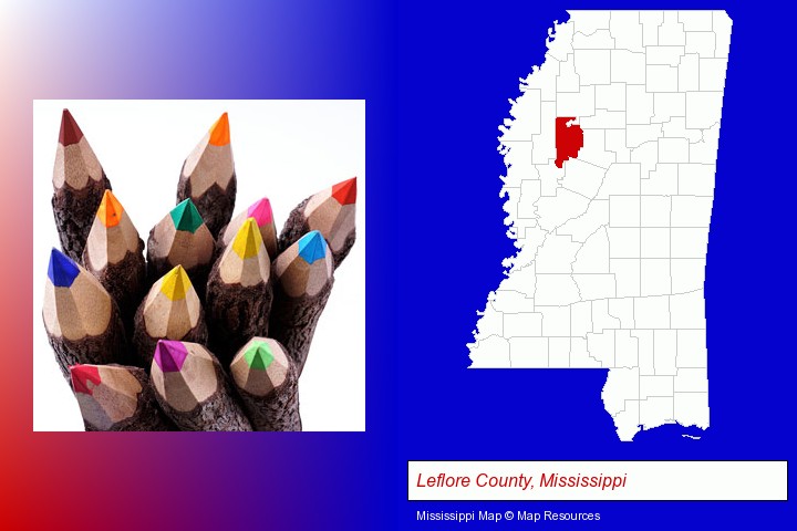 colored pencils; Leflore County, Mississippi highlighted in red on a map