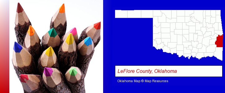 colored pencils; LeFlore County, Oklahoma highlighted in red on a map