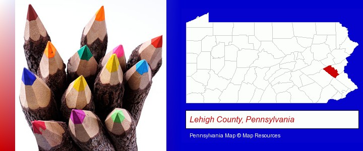 colored pencils; Lehigh County, Pennsylvania highlighted in red on a map