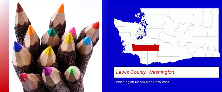 colored pencils; Lewis County, Washington highlighted in red on a map