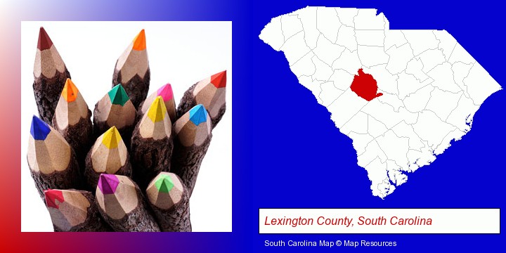 colored pencils; Lexington County, South Carolina highlighted in red on a map