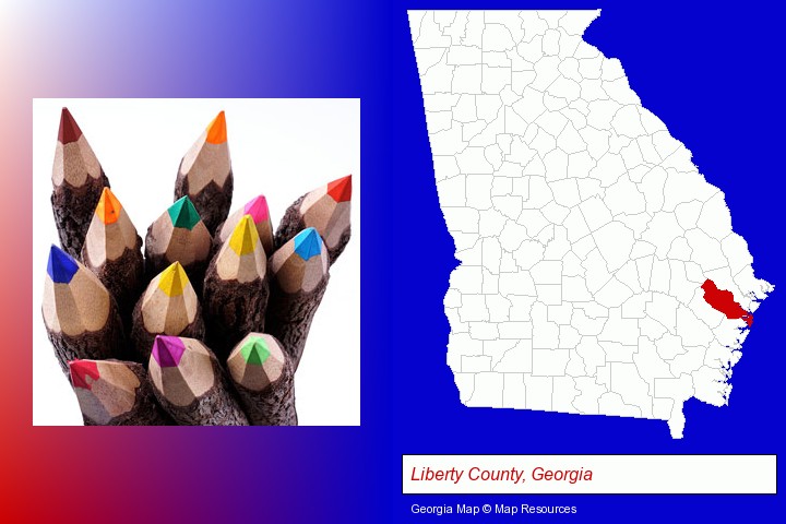 colored pencils; Liberty County, Georgia highlighted in red on a map