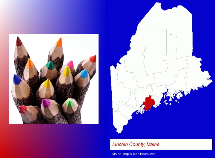 colored pencils; Lincoln County, Maine highlighted in red on a map
