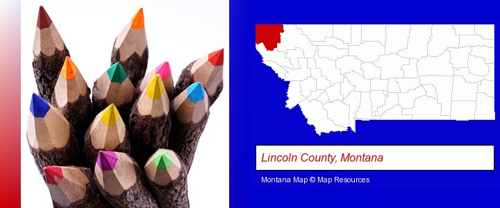 colored pencils; Lincoln County, Montana highlighted in red on a map