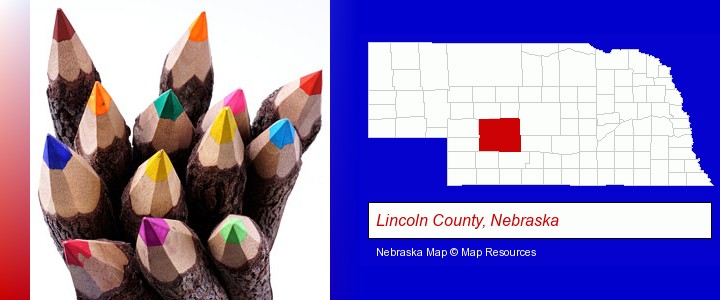 colored pencils; Lincoln County, Nebraska highlighted in red on a map