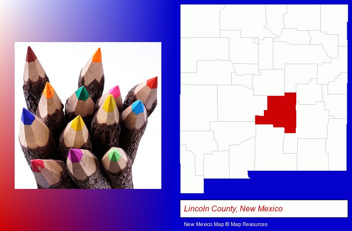 colored pencils; Lincoln County, New Mexico highlighted in red on a map