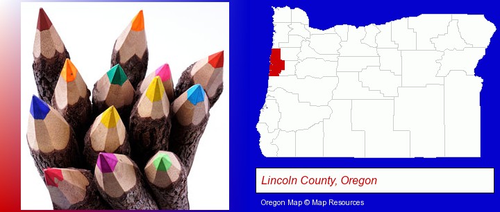colored pencils; Lincoln County, Oregon highlighted in red on a map