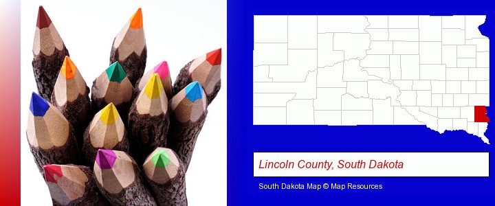 colored pencils; Lincoln County, South Dakota highlighted in red on a map