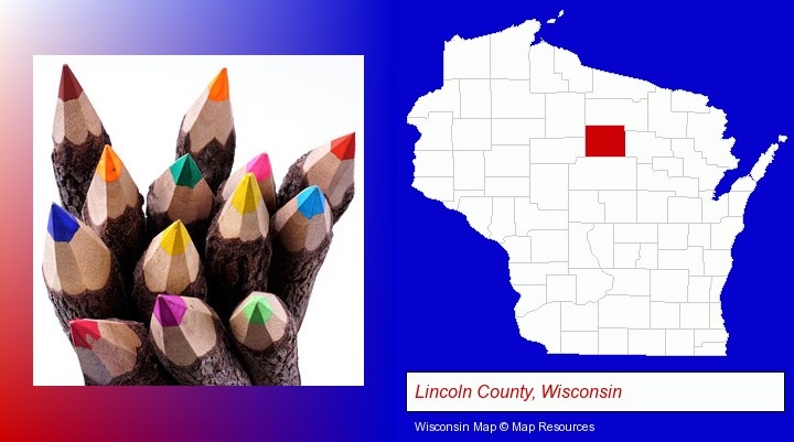 colored pencils; Lincoln County, Wisconsin highlighted in red on a map
