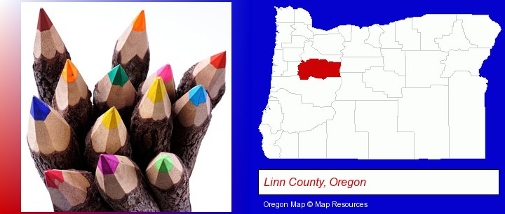 colored pencils; Linn County, Oregon highlighted in red on a map