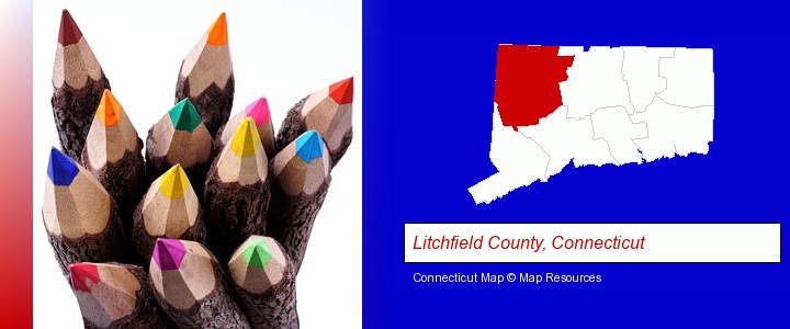 colored pencils; Litchfield County, Connecticut highlighted in red on a map