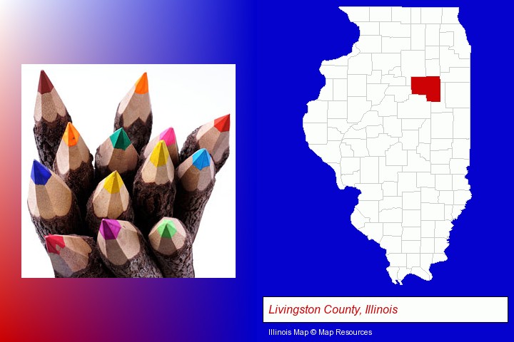 colored pencils; Livingston County, Illinois highlighted in red on a map