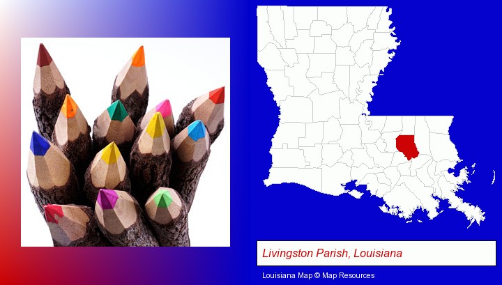 colored pencils; Livingston Parish, Louisiana highlighted in red on a map