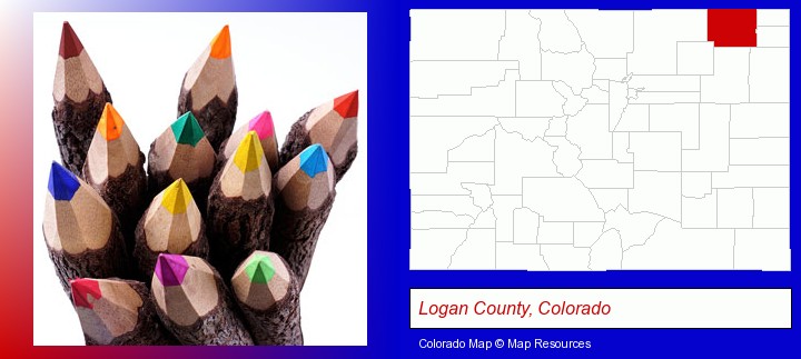 colored pencils; Logan County, Colorado highlighted in red on a map