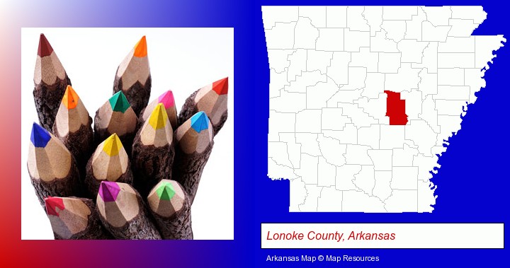 colored pencils; Lonoke County, Arkansas highlighted in red on a map